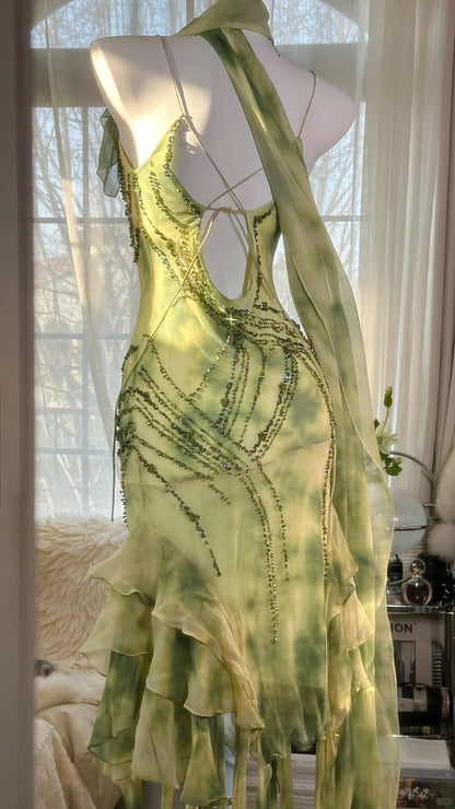 Fresh Rendering Green Beaded Chiffon Irregular Skirt Prom Dress P3289