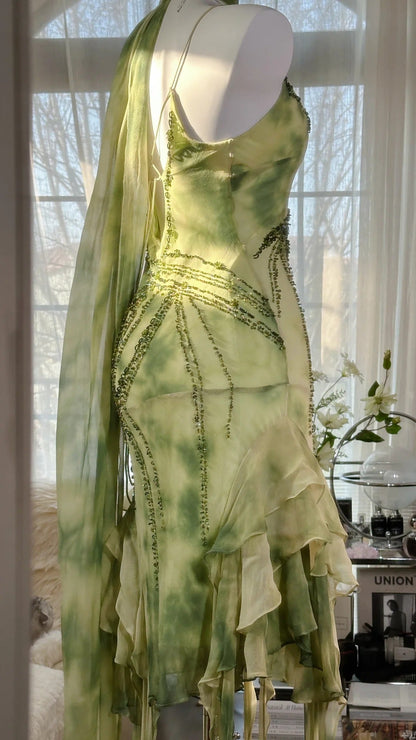 Fresh Rendering Green Beaded Chiffon Irregular Skirt Prom Dress P3289