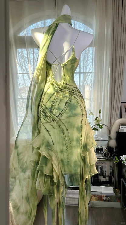 Fresh Rendering Green Beaded Chiffon Irregular Skirt Prom Dress P3289