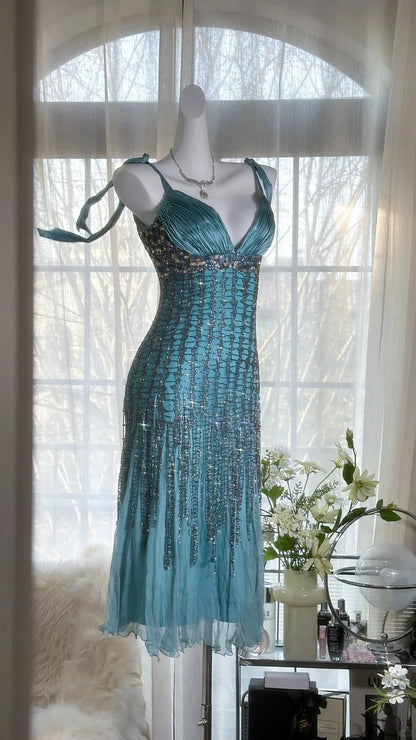 Elegant Blue V-Neck Beaded Tassel Chiffon Prom Dress P3290
