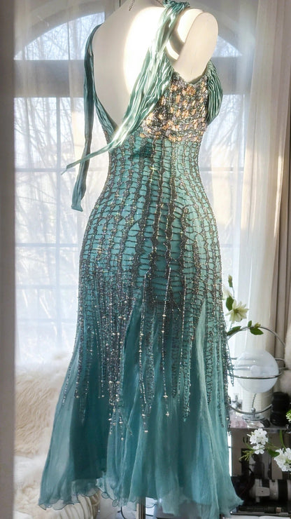 Elegant Blue V-Neck Beaded Tassel Chiffon Prom Dress P3290