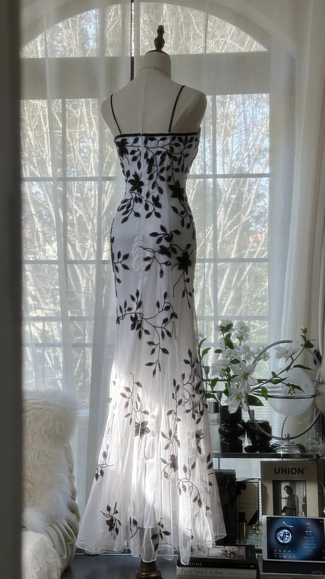 Vintage Bamboo Shadow Beaded Strap Chiffon Evening Gown Prom Dress P3296