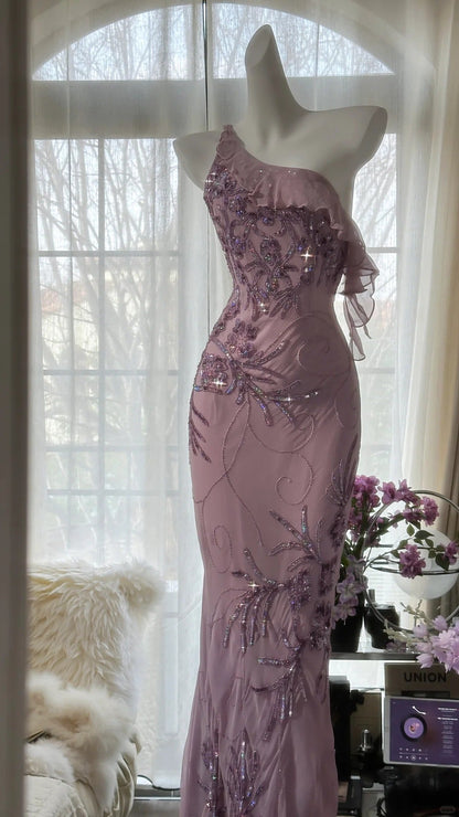 Charming Purple One Shoulder Heavily Beaded Chiffon Prom Dress P3297
