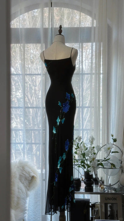 Vintage Black Chiffon Beaded Mermaid Evening Gown Prom Dress P3299