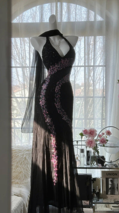 Vintage Black Pink Diamond Halter Neck Chiffon Mermaid Evening Gown Prom Dress P3300