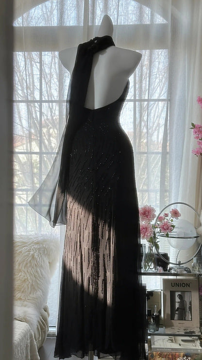 Vintage Black Pink Diamond Halter Neck Chiffon Mermaid Evening Gown Prom Dress P3300