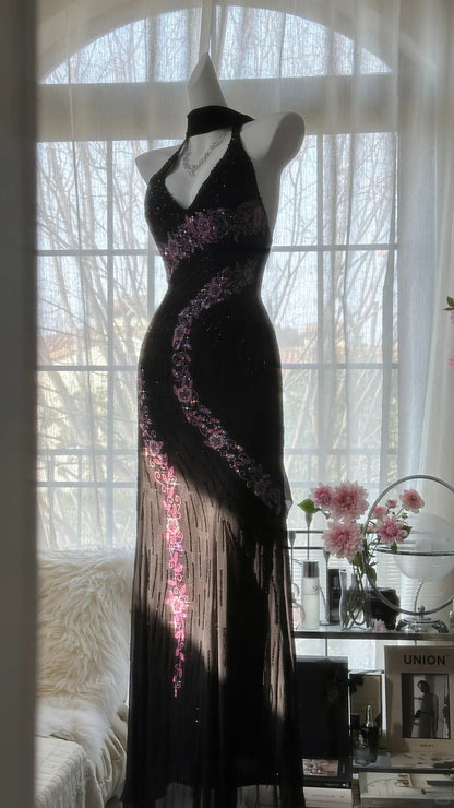 Vintage Black Pink Diamond Halter Neck Chiffon Mermaid Evening Gown Prom Dress P3300
