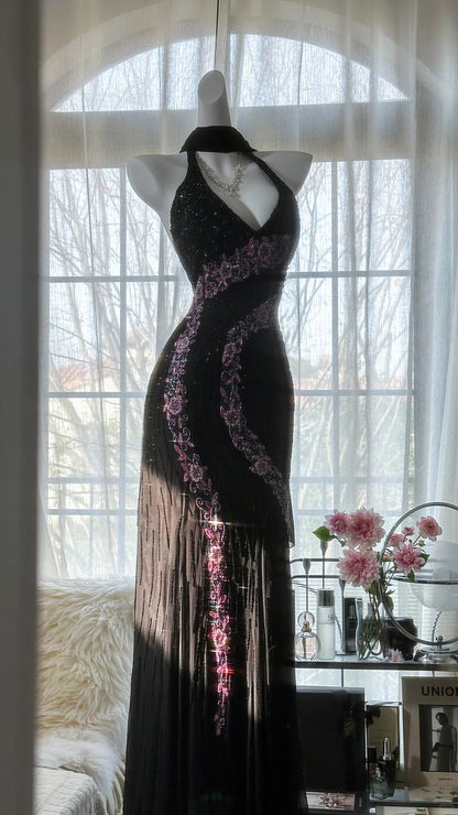 Vintage Black Pink Diamond Halter Neck Chiffon Mermaid Evening Gown Prom Dress P3300