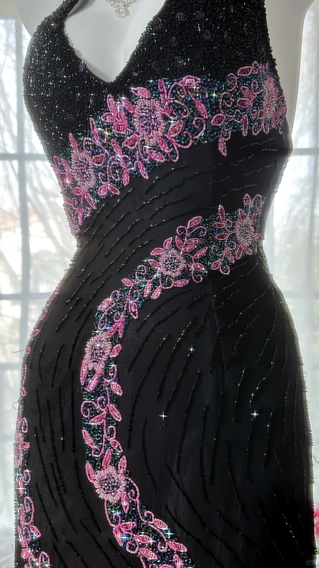 Vintage Black Pink Diamond Halter Neck Chiffon Mermaid Evening Gown Prom Dress P3300