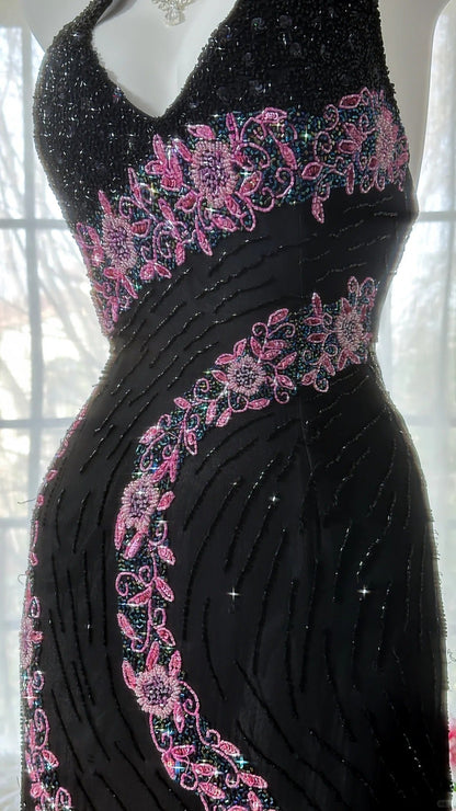 Vintage Black Pink Diamond Halter Neck Chiffon Mermaid Evening Gown Prom Dress P3300