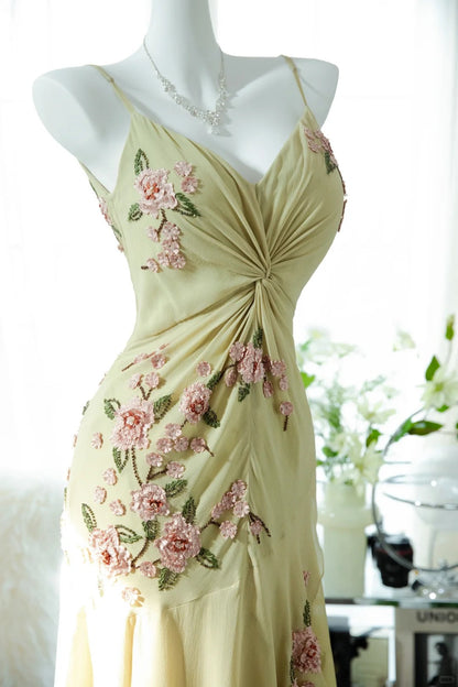 Fresh Green Floral Beaded Knotted Chiffon Prom Dress P3302