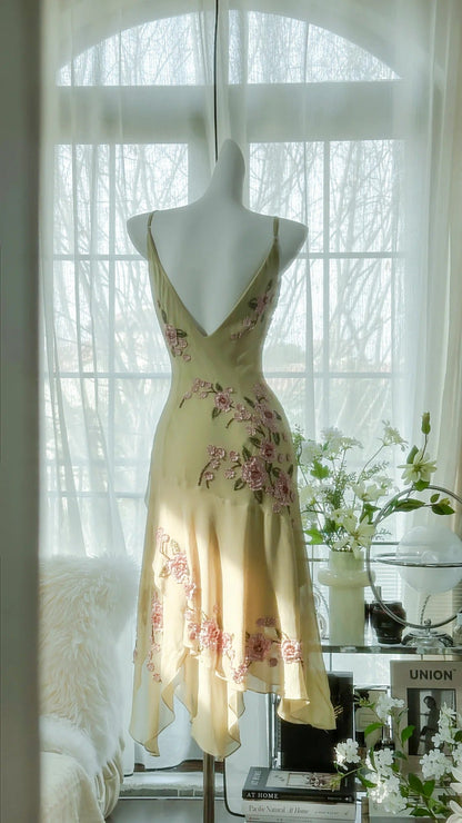 Fresh Green Floral Beaded Knotted Chiffon Prom Dress P3302
