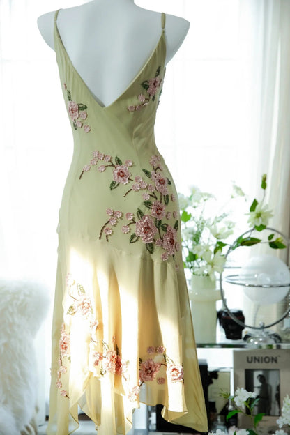 Fresh Green Floral Beaded Knotted Chiffon Prom Dress P3302