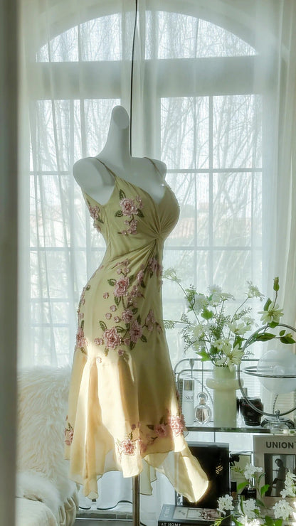 Fresh Green Floral Beaded Knotted Chiffon Prom Dress P3302