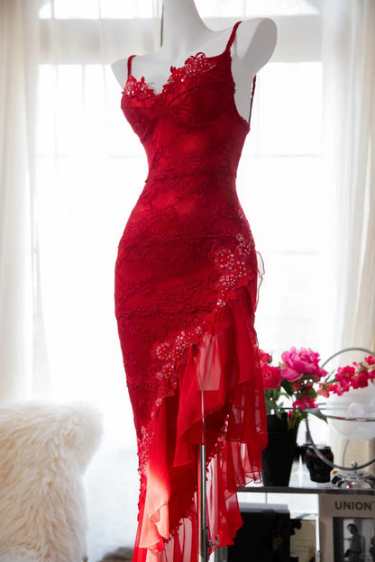 Sexy Red Lace Slanted Skirt Prom Dress P3303