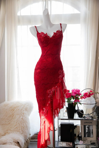 Sexy Red Lace Slanted Skirt Prom Dress P3303
