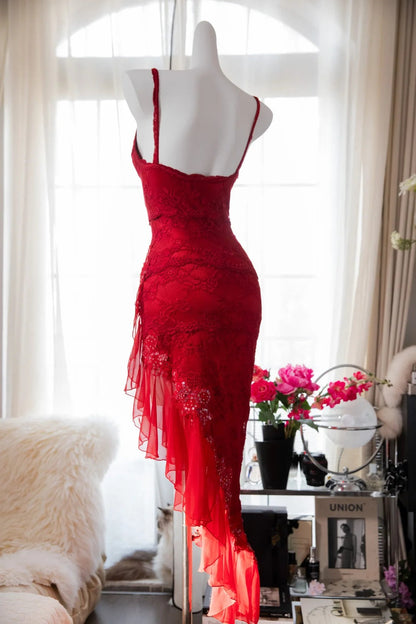 Sexy Red Lace Slanted Skirt Prom Dress P3303