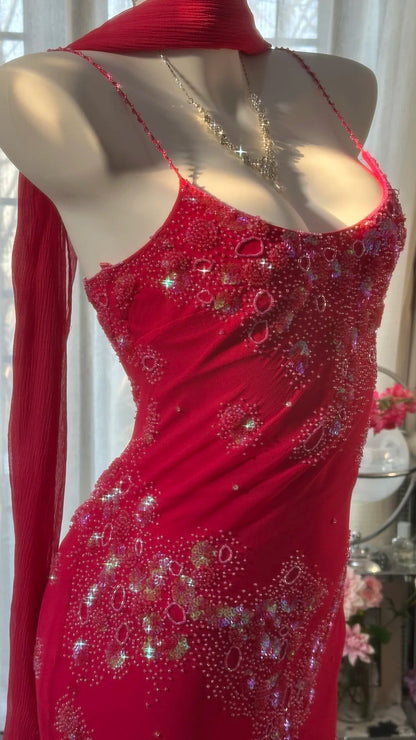 Shiny Beaded Red Mermaid Chiffon Evening Gown Prom Dress P3304