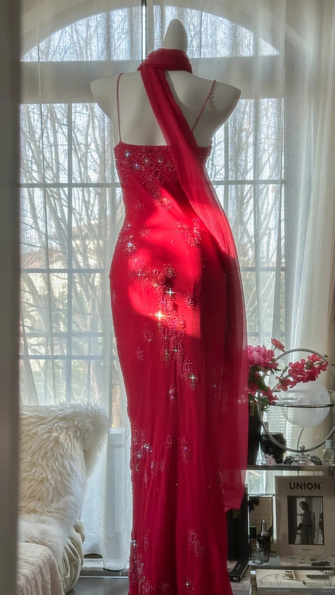 Shiny Beaded Red Mermaid Chiffon Evening Gown Prom Dress P3304