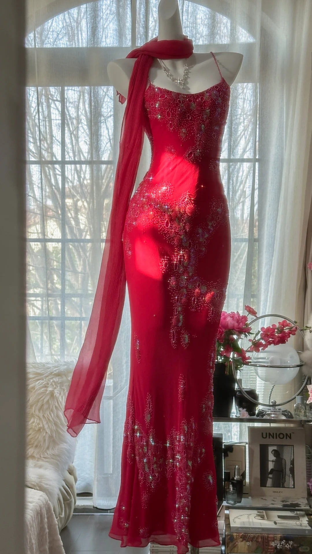 Shiny Beaded Red Mermaid Chiffon Evening Gown Prom Dress P3304
