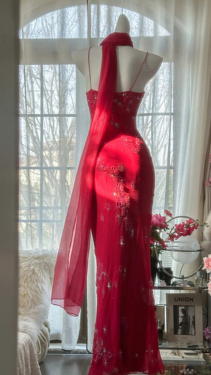 Shiny Beaded Red Mermaid Chiffon Evening Gown Prom Dress P3304