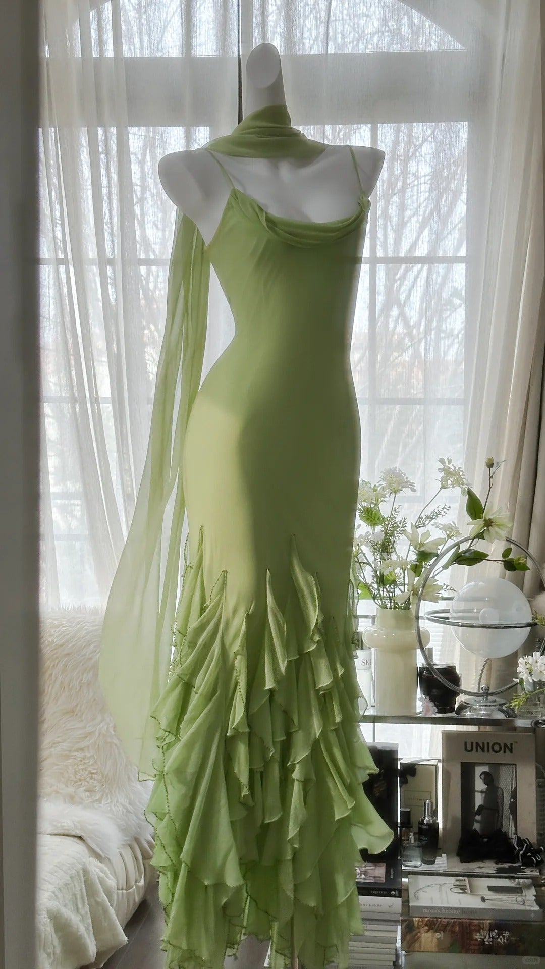 Fresh Green Simple Chiffon Ruffle Skirt Prom Dress P3305