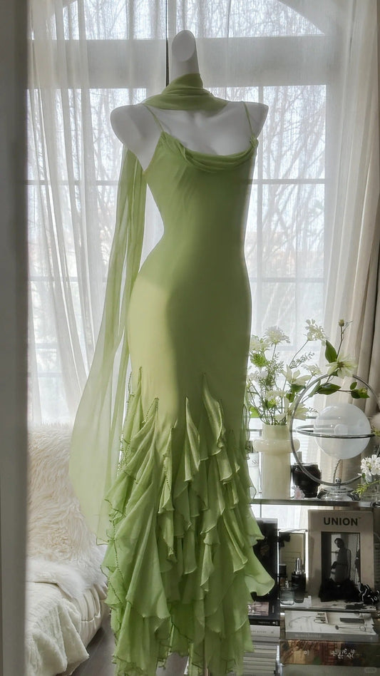 Fresh Green Simple Chiffon Ruffle Skirt Prom Dress P3305