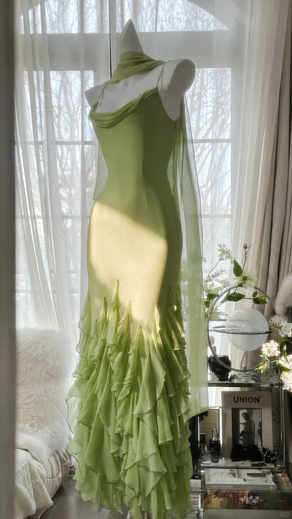 Fresh Green Simple Chiffon Ruffle Skirt Prom Dress P3305