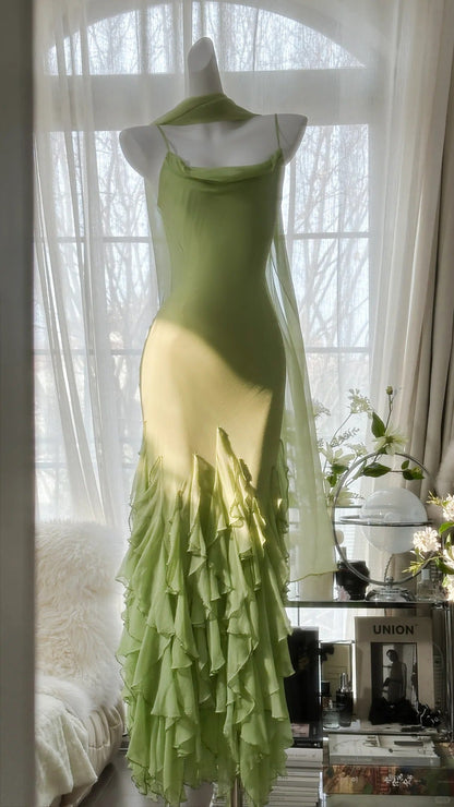 Fresh Green Simple Chiffon Ruffle Skirt Prom Dress P3305