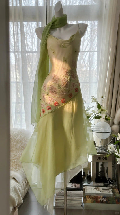 Flowing Grass Green Beaded Chiffon Irregular Hem Prom Dress P3306