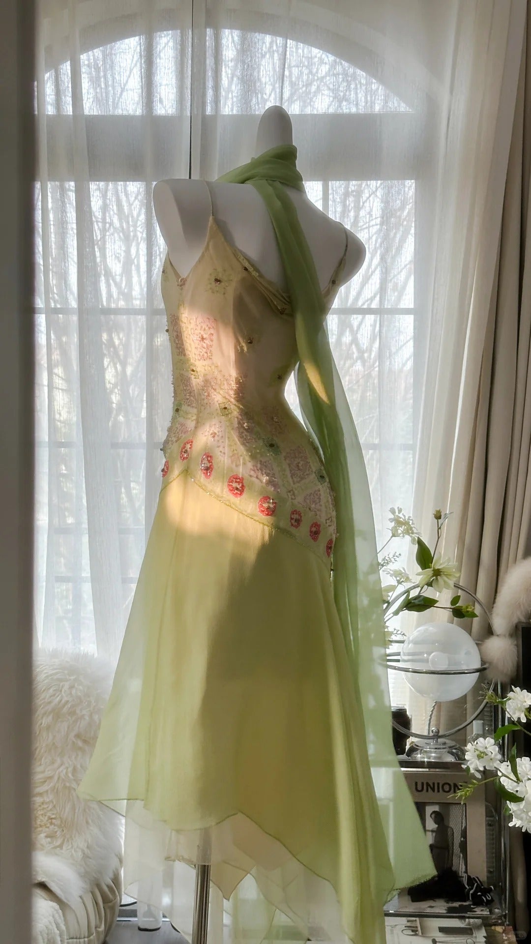 Flowing Grass Green Beaded Chiffon Irregular Hem Prom Dress P3306