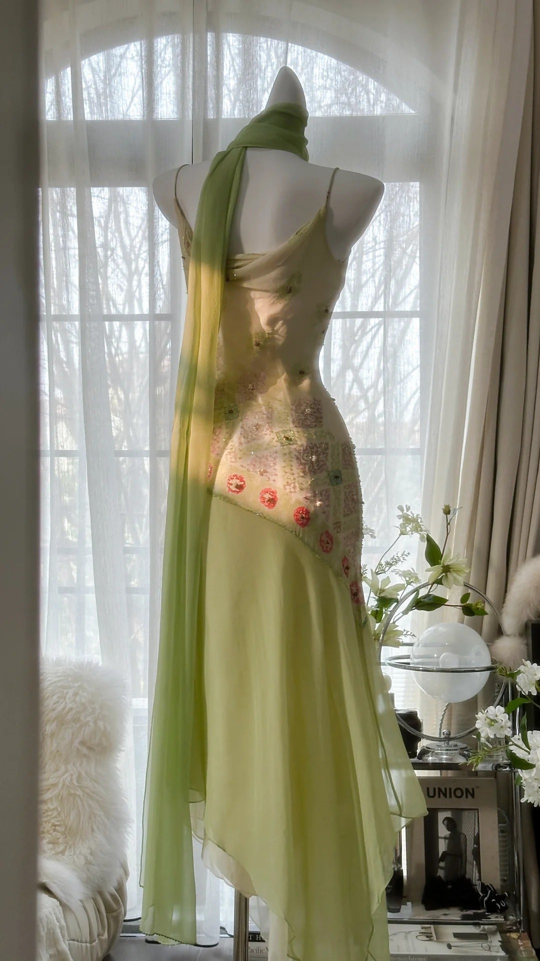 Flowing Grass Green Beaded Chiffon Irregular Hem Prom Dress P3306