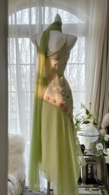 Flowing Grass Green Beaded Chiffon Irregular Hem Prom Dress P3306