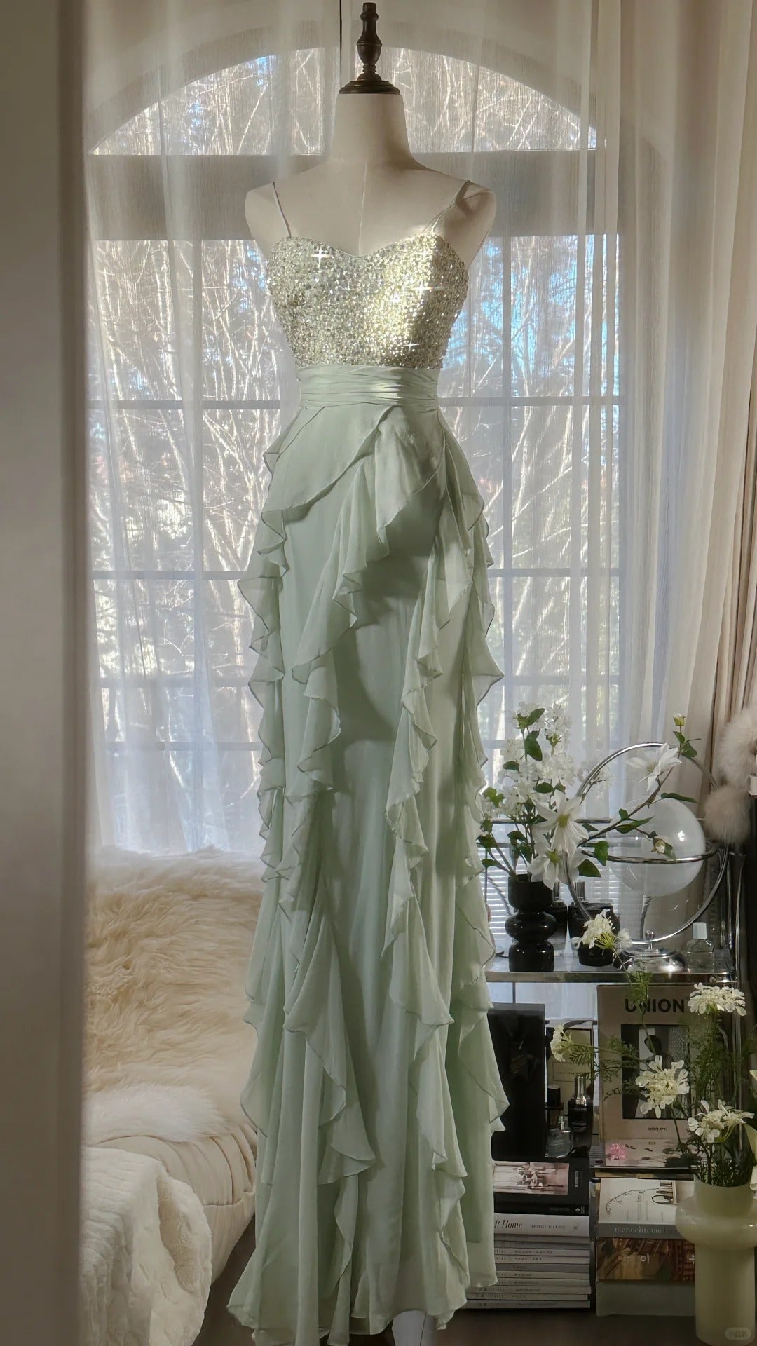 Elegant Clear Green Shoulder Strap Ruffled Beaded Chiffon Prom Dress P3307