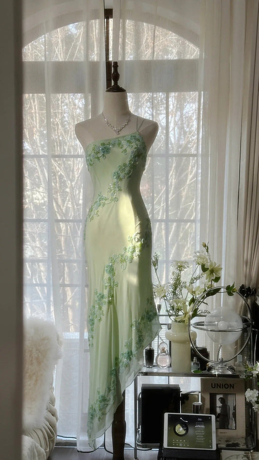 Stunning Mint Green One Shoulder Chiffon Beaded Bias-cut Skirt Prom Dress P3308