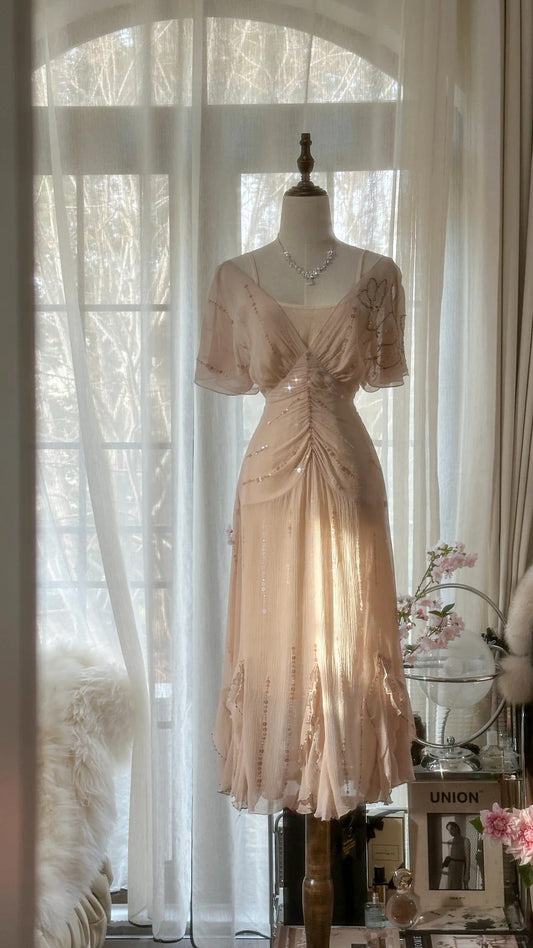 Elegant Pink V-neck Short-sleeved Chiffon Flowing Prom Dress P3309