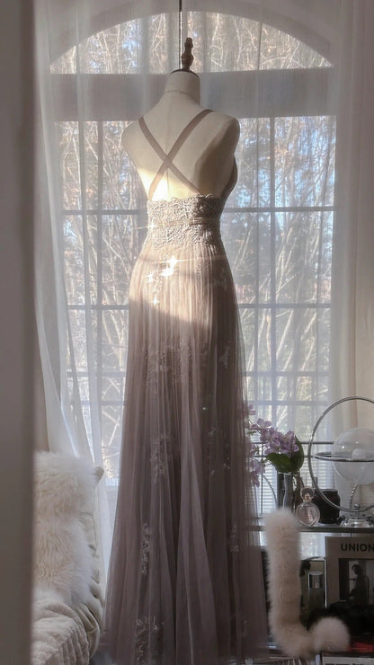 Stunning Purple Lace Tulle Backless Long Prom Dress P3310