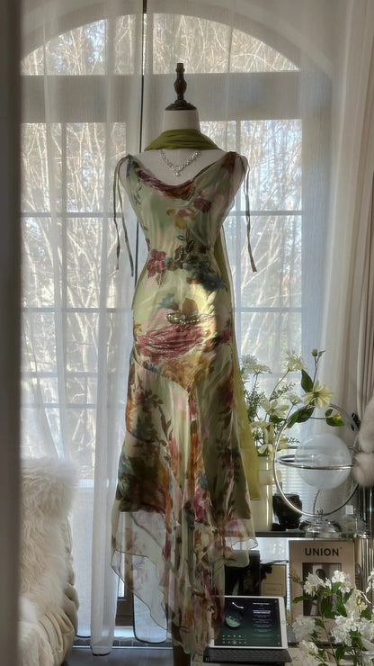 Vintage Green Oil Painting Chiffon Print Irregular Skirt Prom Dress P3312