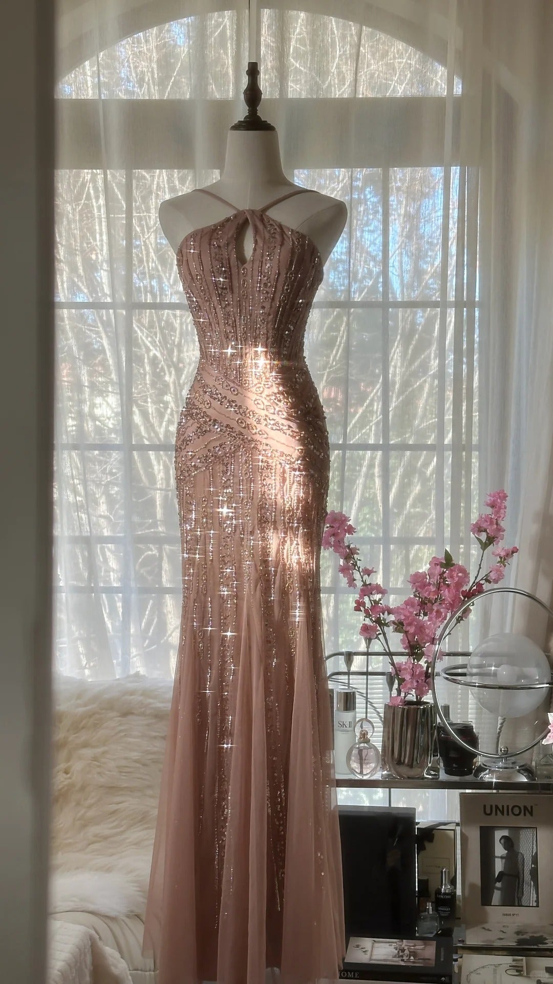 Shiny Pink Beaded Chiffon Mermaid Princess Long Prom Dress P3313