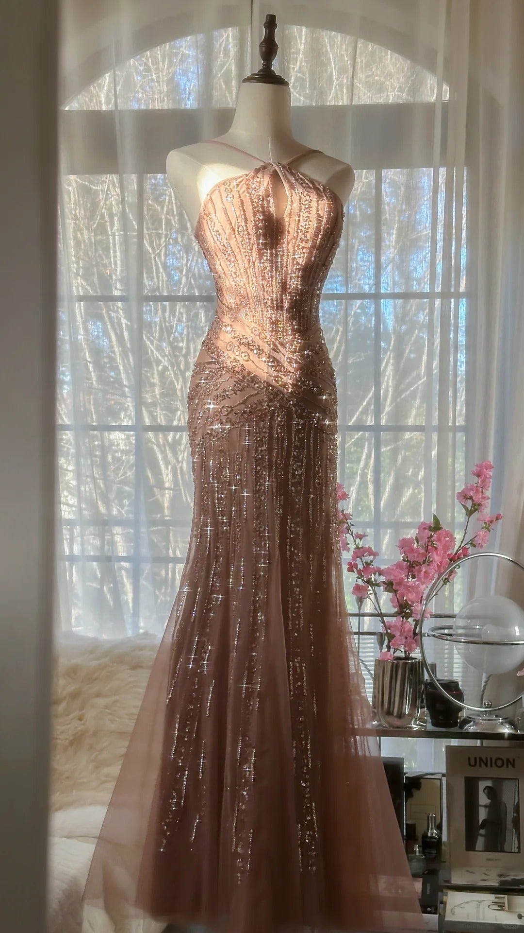 Shiny Pink Beaded Chiffon Mermaid Princess Long Prom Dress P3313