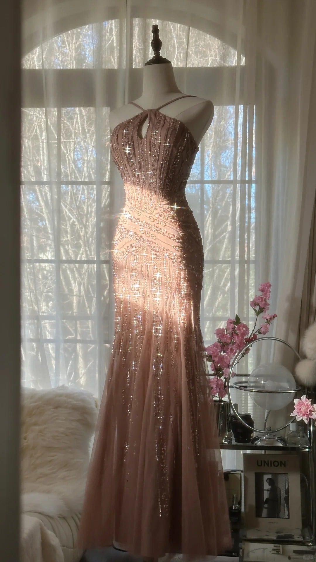 Shiny Pink Beaded Chiffon Mermaid Princess Long Prom Dress P3313