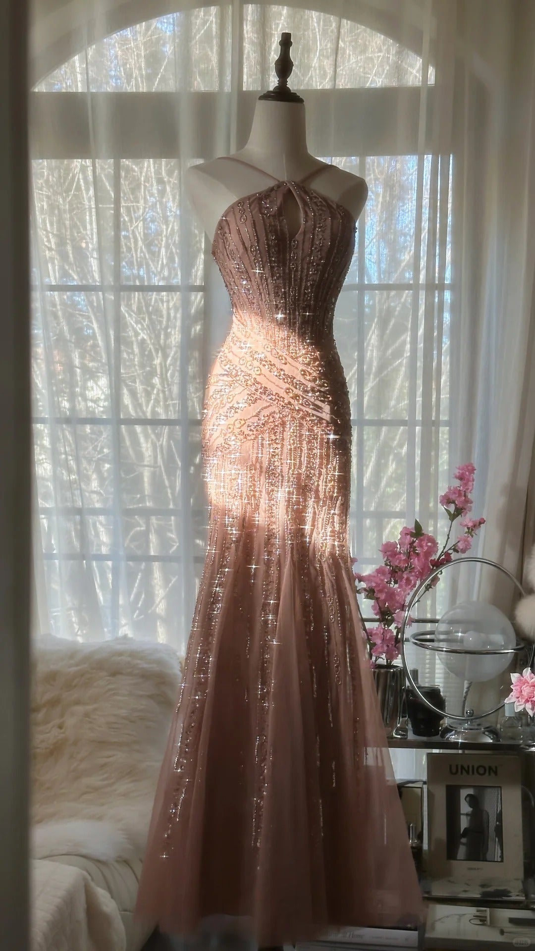 Shiny Pink Beaded Chiffon Mermaid Princess Long Prom Dress P3313