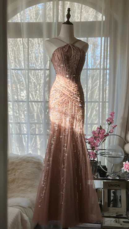 Shiny Pink Beaded Chiffon Mermaid Princess Long Prom Dress P3313