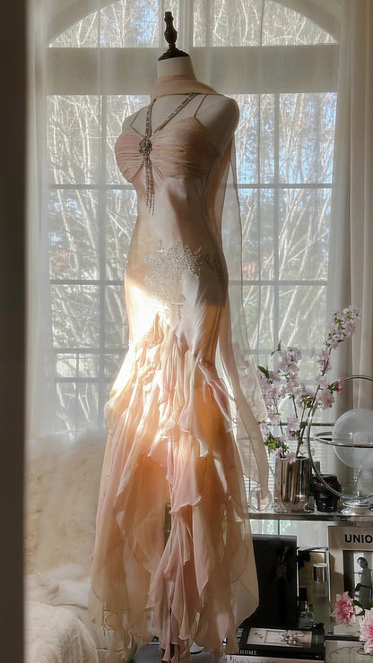 Beautiful Pink Strap Chiffon Irregular Skirt Long Prom Dress P3314