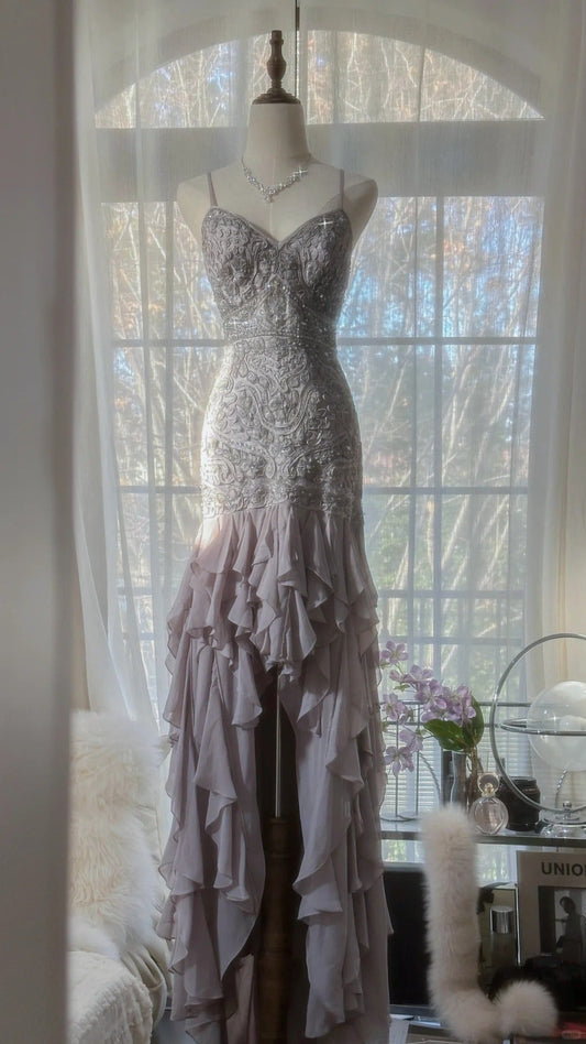Charming Purple Beaded Short Front And Long Back Ruffled Chiffon Skirt Prom Dress P3315