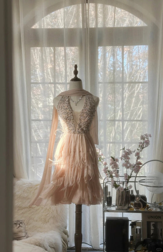 Cute Pink Halterneck Backless Beaded Chiffon Short Prom Dress P3316