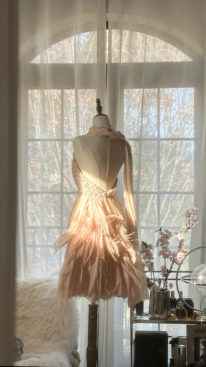 Cute Pink Halterneck Backless Beaded Chiffon Short Prom Dress P3316