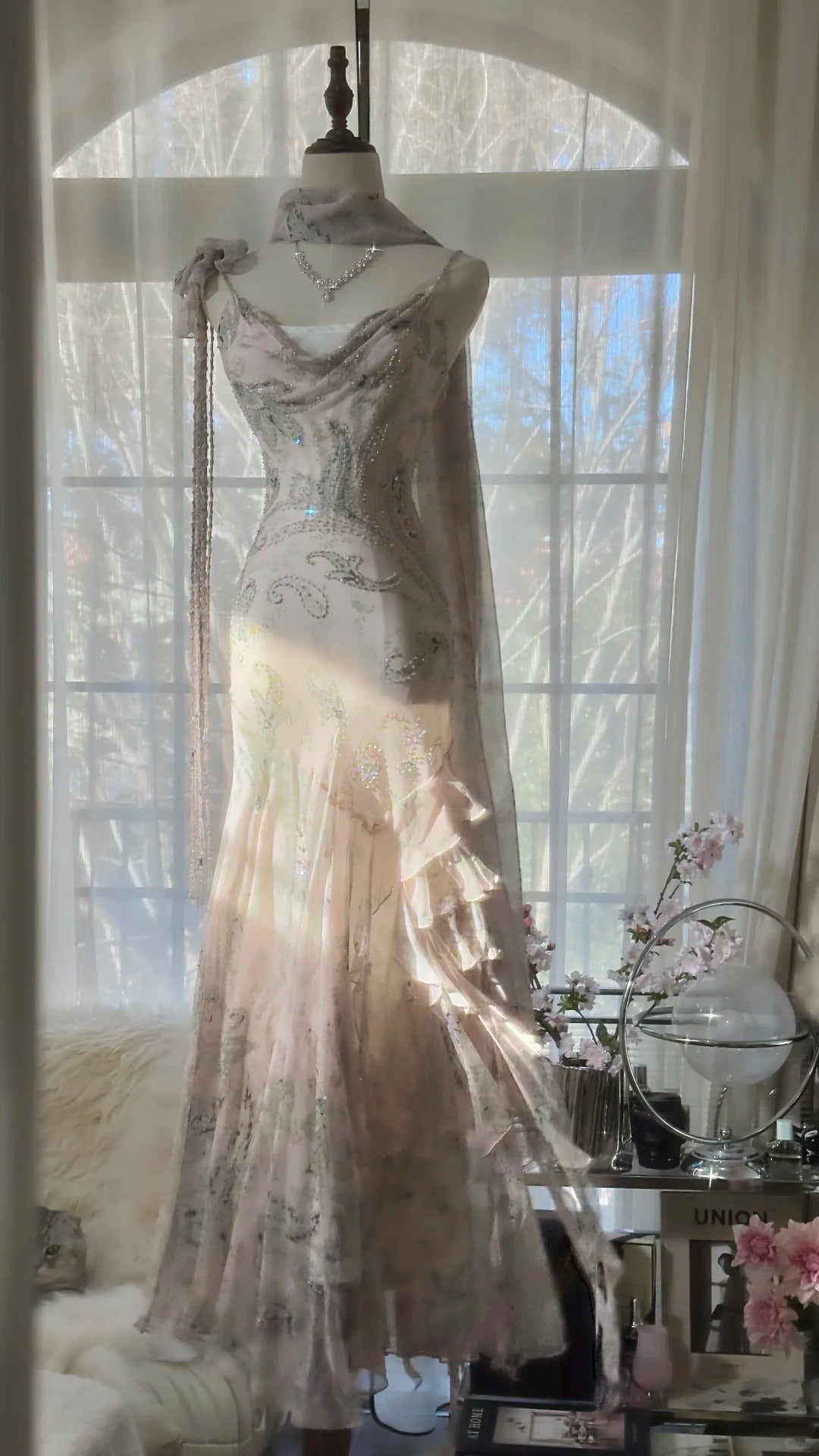 Elegant Pink Chiffon Lotus Beaded Mermaid Long Prom Dress P3317