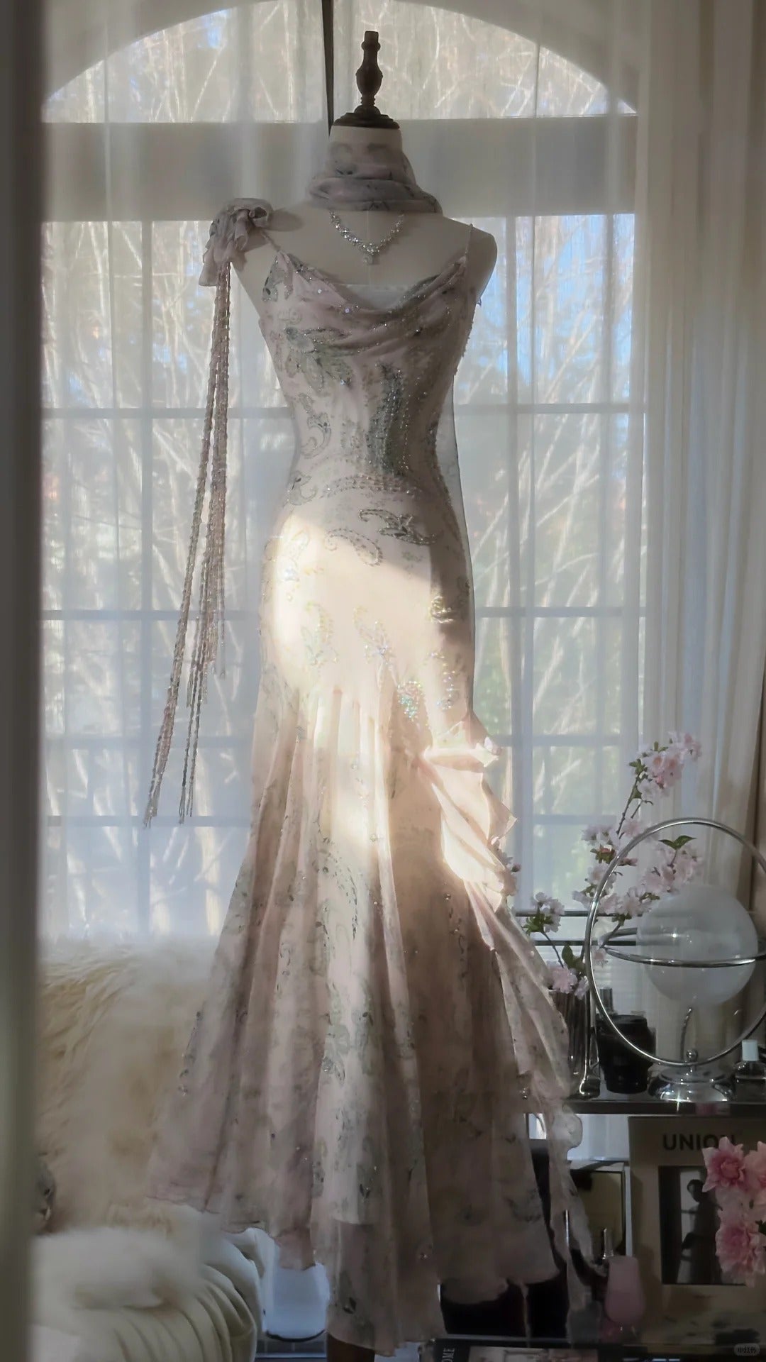 Elegant Pink Chiffon Lotus Beaded Mermaid Long Prom Dress P3317