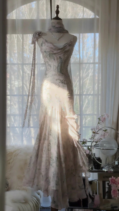 Elegant Pink Chiffon Lotus Beaded Mermaid Long Prom Dress P3317